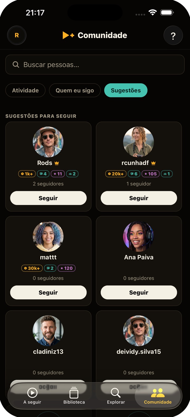 Sugestões de pessoas para seguir na Comunidade do TimeShow