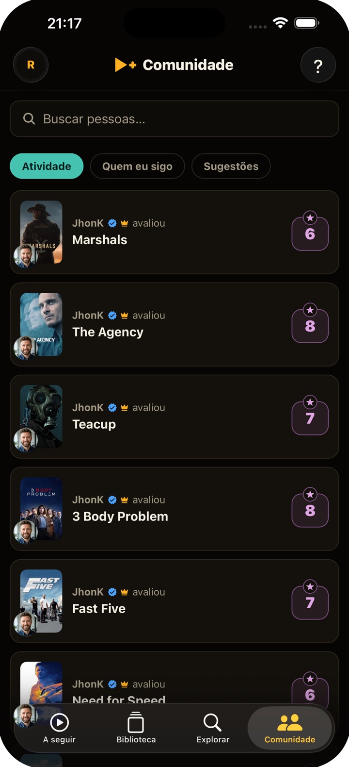 Feed de atividade da Comunidade do TimeShow