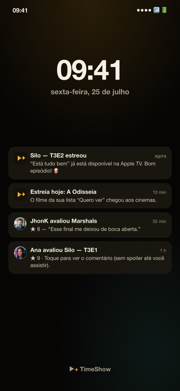 Notificações do TimeShow na tela de bloqueio: estreias e avaliações de quem você segue