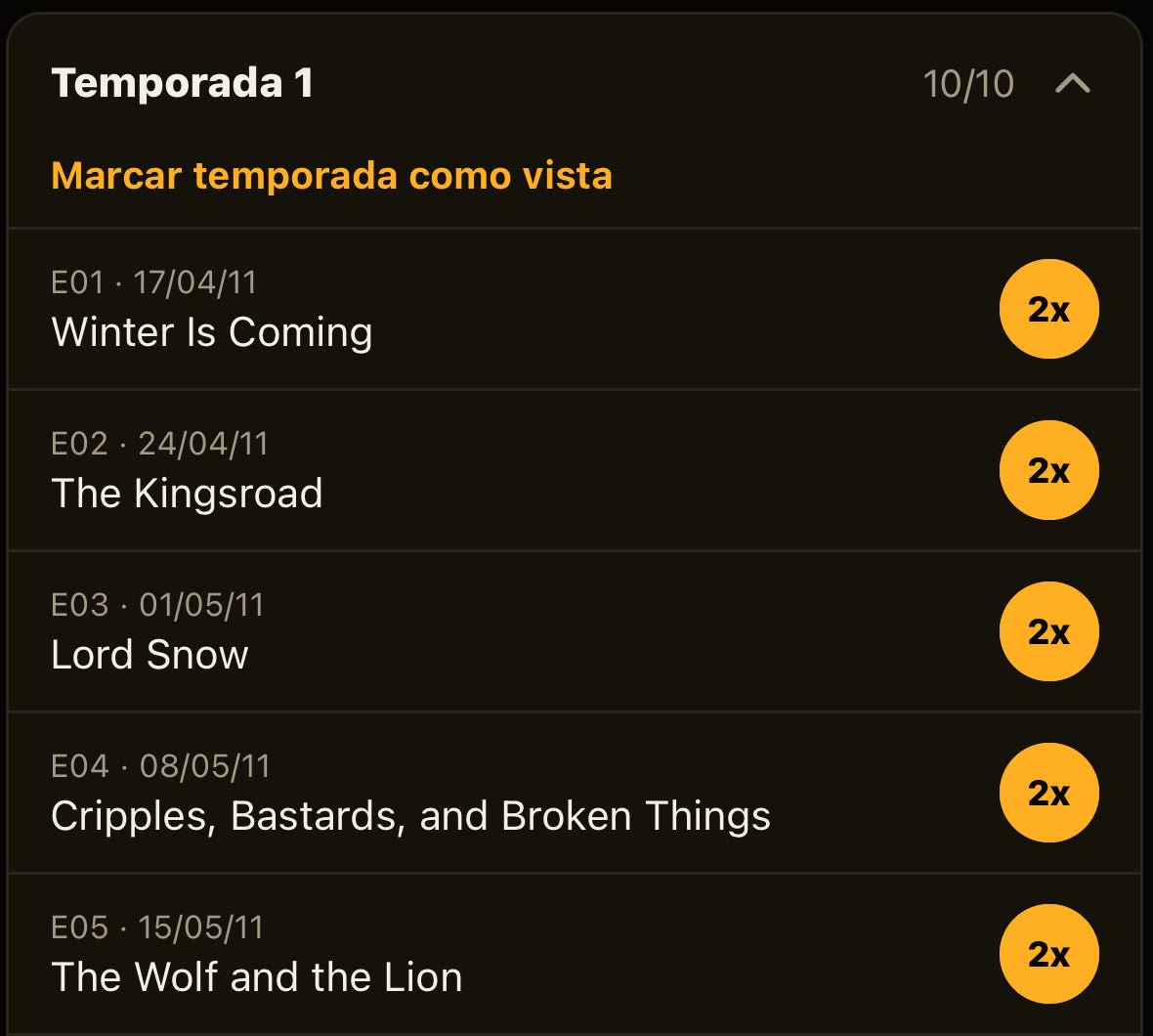 Temporada 1 de Game of Thrones com todos os episódios marcados 2x